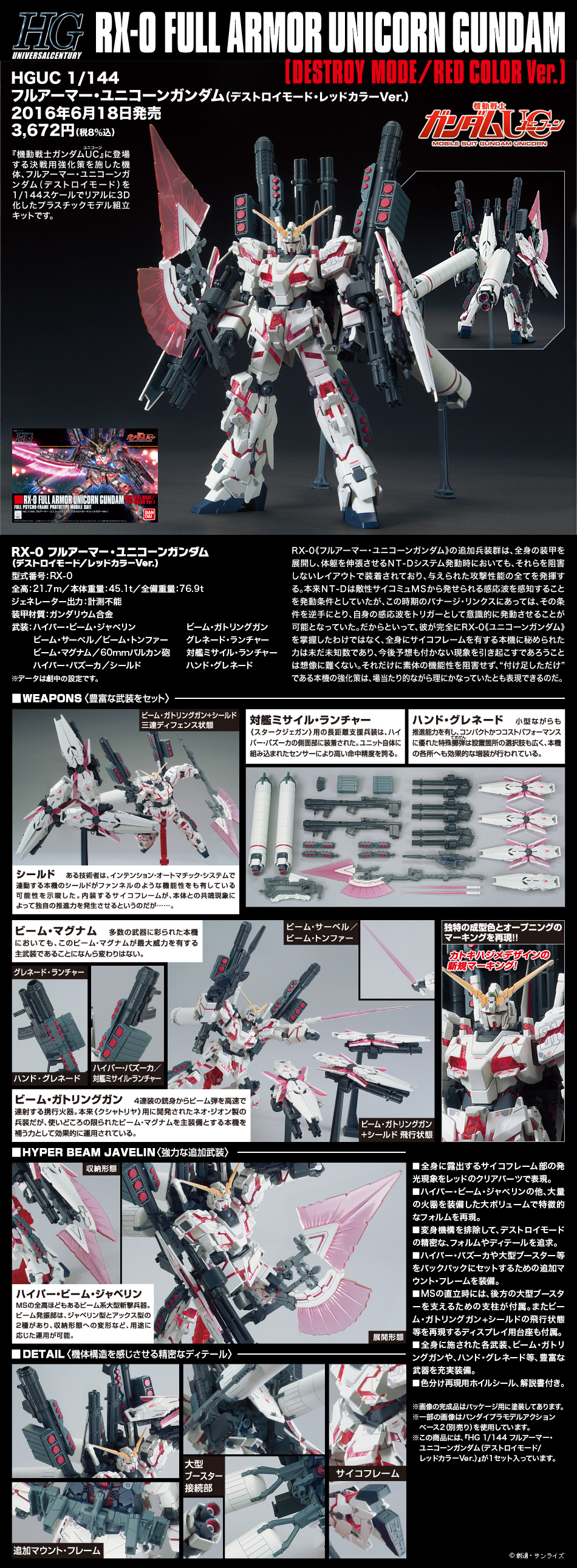 HGUC 1/144 RX-0 Full Armor Unicorn Gundam Destroy Mode RED